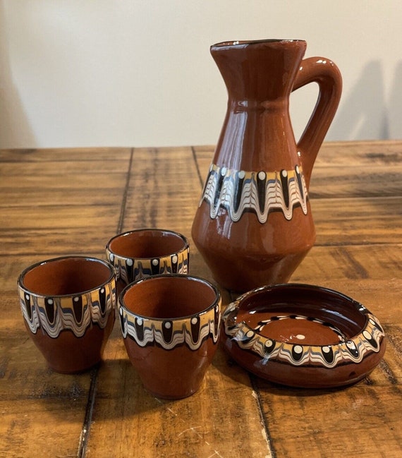 Vintage Troyan Bulgarian Glazed Terra Cotta Pottery Pitcher W/ 3