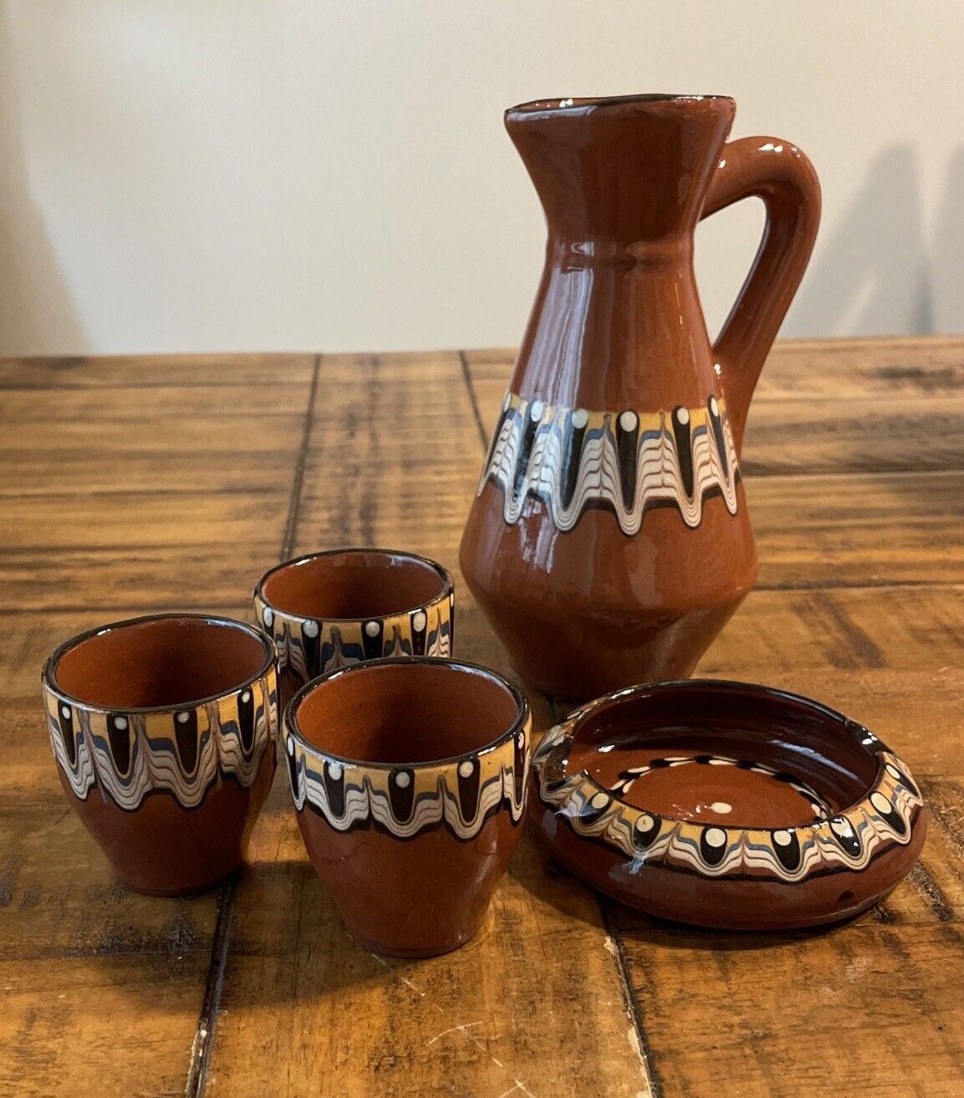 Vintage Troyan Bulgarian Glazed Terra Cotta Pottery Pitcher W/ 3