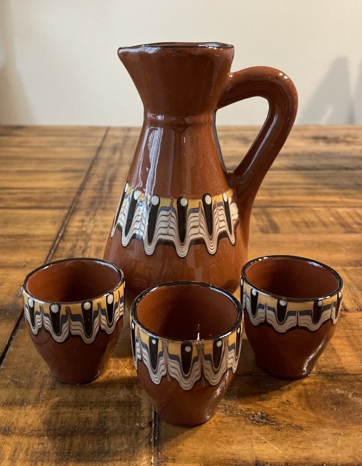 Vintage Troyan Bulgarian Glazed Terra Cotta Pottery Pitcher W/ 3