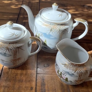 Vtge KUTANI Japanese Eggshell Porcelain Tea Set White Hand Painted Gold.