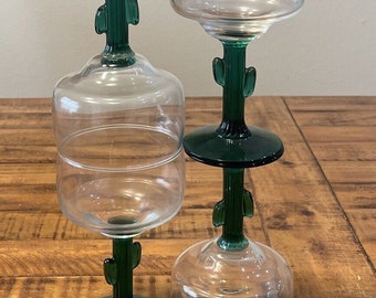 Vintage Cactus Stemmed Margarita Martini Glasses Set of 4 Cocktail Drink