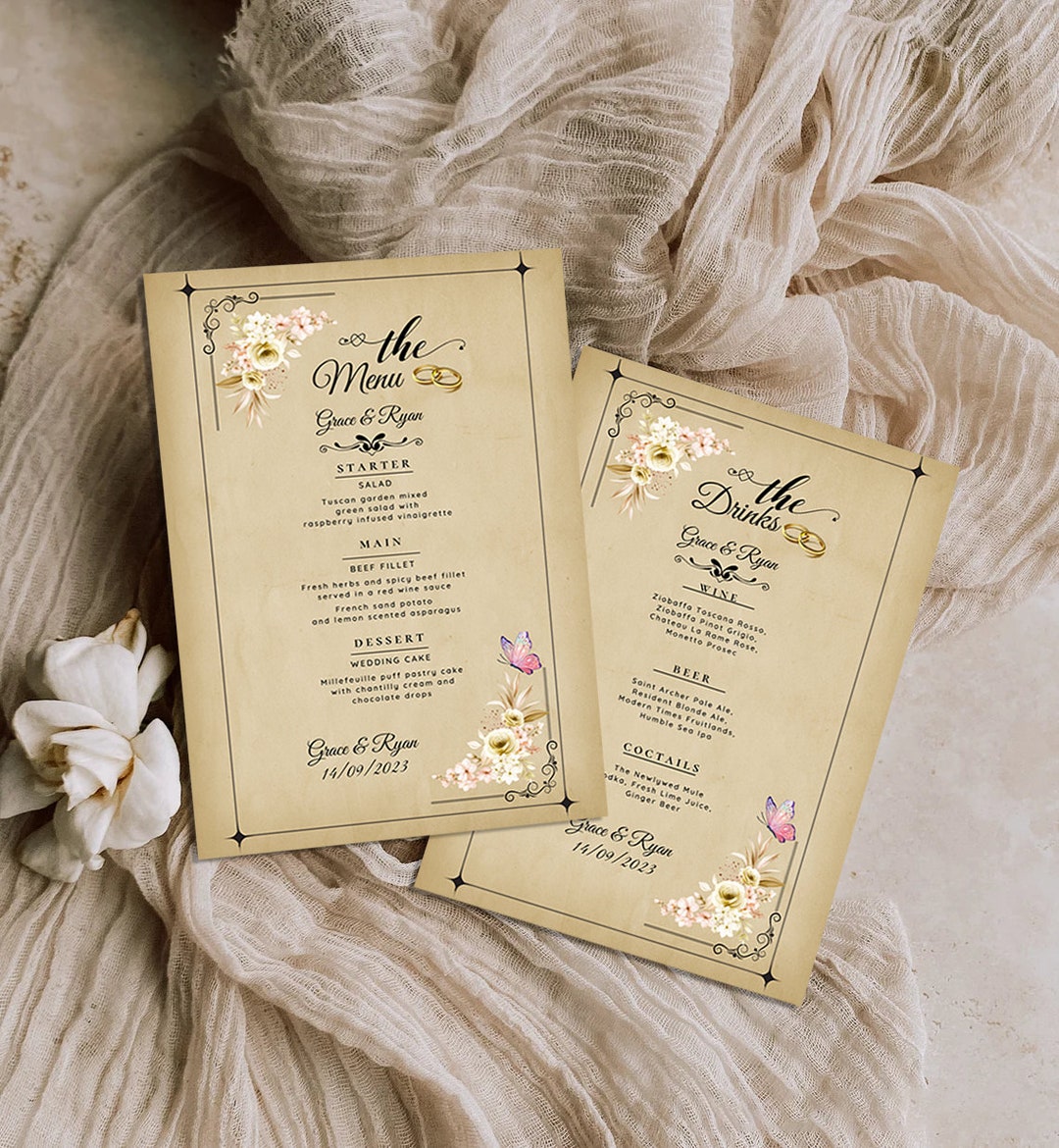 Floral Wedding Menu Card Old Paper Wedding Menu Modern Etsy