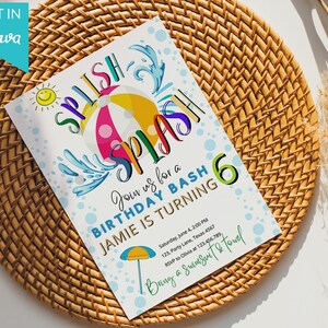 Editable Splish Splash Birthday Invitation Pool Party Boy Beach Ball Blue Green Birthday Bash Download Printable Invite Template