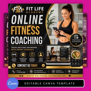 Puede incluir: Gráfico promocional para Fit Life Academy, que ofrece entrenamiento físico en línea. El diseño presenta a una mujer usando un teléfono inteligente, una computadora portátil que muestra planes de entrenamiento y un teléfono que muestra un plan de comidas. El texto incluye "Entrenamiento Físico en Línea".