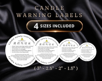 May include: A set of four round candle warning labels with safety instructions. The labels are white with black text and a yellow warning symbol. Sizes include 3", 2.5", 2", and 1.5" diameter. The text includes safety precautions for candle use.