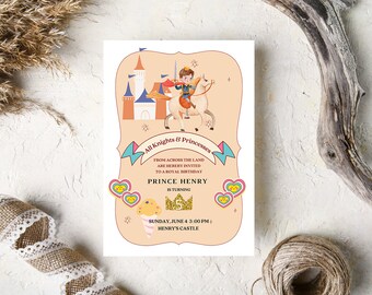 May include: A royal birthday invitation featuring a cartoon prince on a horse, a castle, and decorative elements. The text reads "All Knights & Princesses" and invites guests to Prince Henry's birthday on June 4th at 3:00 PM.