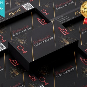 Biglietto da visita di lusso per baristi, biglietto da visita dal design speciale per baristi e bariste, codice QR modificabile per biglietti da visita in nero e oro