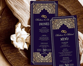 Navy Floral Wedding Menu Card Template | Elegant Gold Design (Digital Download)