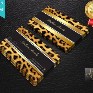 Tarjeta de presentación moderna, plantilla de tarjeta de presentación, tarjetas de presentación de leopardo con diamantes, tarjetas de presentación personales, tarjeta de presentación imprimible