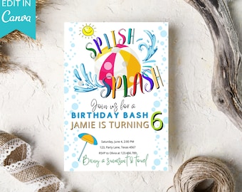 Pool Party Birthday Invitation Splash Bash Editable Digital Kids Invite