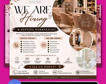 Beauty Salon Hiring & Rental Workspace Flyer Template Editable Canva Digital Download