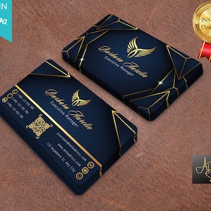 Biglietto da visita di lusso blu e oro modificabile, modello di biglietto da visita, biglietti da visita Canva, biglietti da visita minimalisti, biglietto da visita elegante