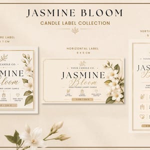 May include: A collection of candle labels with the text "JASMINE BLOOM" and floral illustrations. The labels are in square (7 x 7 cm), horizontal (9 x 5 cm), and vertical (5 x 9 cm) formats. The labels include icons and text indicating the candle is hand-poured.
