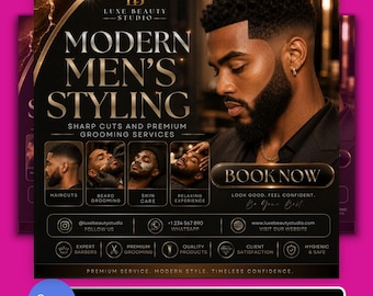 Modern Men’s Haircut Barber Flyer Template Editable Canva Digital Download