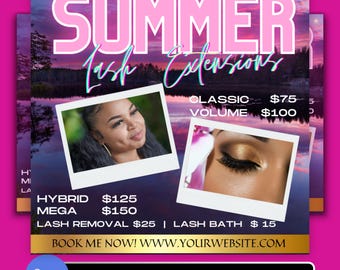 Summer Lash Extensions Price List Template, Editable Lash Services Menu for Salons