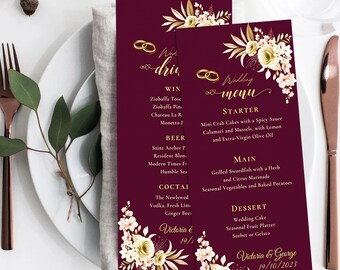 Burgundy Floral Wedding Menu Template Digital Download Custom Printable