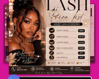 Luxury Lash Extensions Price List Template Editable Digital Salon Menu
