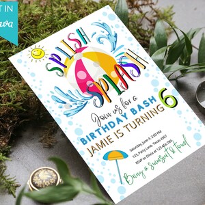 Editable Splish Splash Birthday Invitation Pool Party Boy Beach Ball Blue Green Birthday Bash Download Printable Invite Template