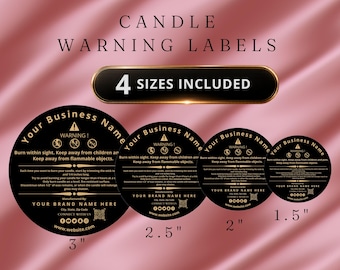 Candle Warning Labels | Black Gold Accents, 4 Sizes (Digital Template)