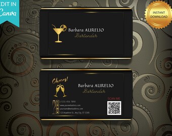 Gold Black Bartender Business Card Template Digital Download Editable