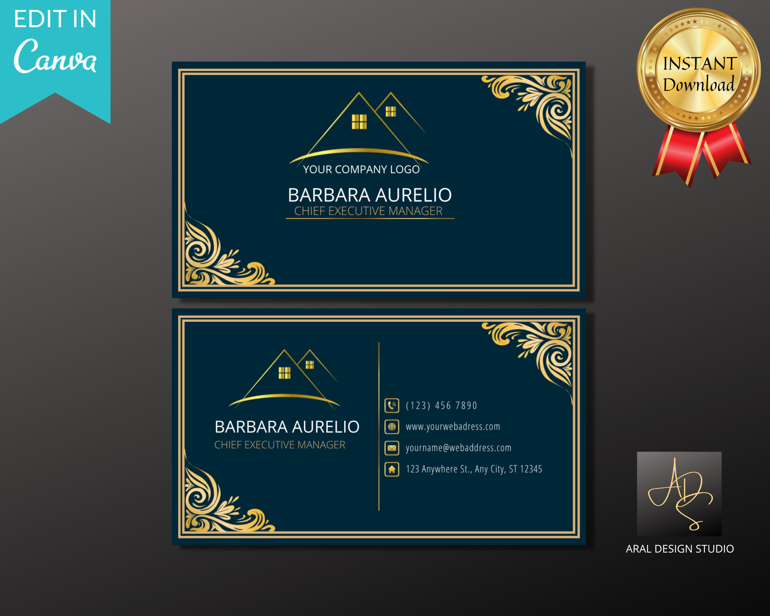 Royal Blue and Gold Business Card Template With Logo (canva Editable ...
