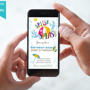 Editable Splish Splash Birthday Evite Electronic Pool Party Boy Beach Ball Blue Green Birthday Bash Download Printable Invite Template