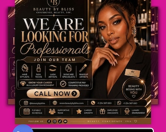 Beauty Salon Hiring Flyer Template Editable for Canva, Luxury Recruitment Ad