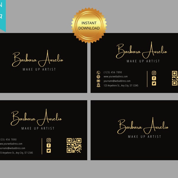 Plantilla de tarjeta de visita Canva elegante en negro y oro editable, tarjetas de visita minimalistas, tarjeta de visita imprimible, tarjeta de visita moderna