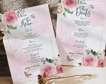 Floral Wedding Menu and Drinks Card Template, Pink Watercolor Printable Set, Editable Digital Download