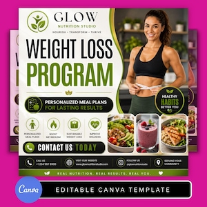 May include: A promotional flyer for Glow Nutrition Studio's weight loss program. The design features a woman measuring her waist, along with images of healthy meals. Text includes "Weight Loss Program" and "Personalized Meal Plans".