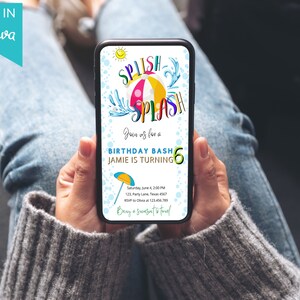 Editable Splish Splash Birthday Evite Electronic Pool Party Boy Beach Ball Blue Green Birthday Bash Download Printable Invite Template
