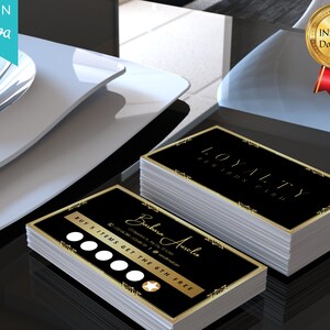 Editable Elegant Black and Gold Loyalty Card Template Loyalty Rewards Card Template for Printable Diy Loyalty Punch Cards Canva Loyalty Card