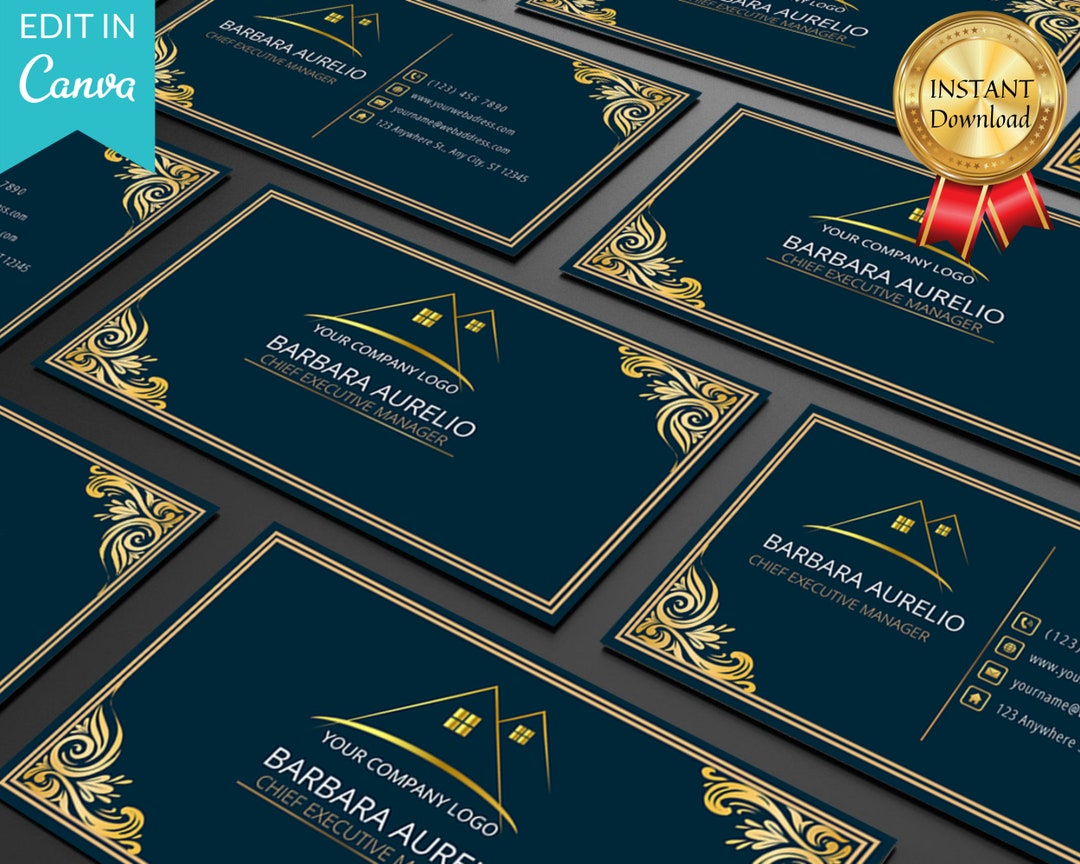 Royal Blue and Gold Business Card Template With Logo (canva Editable ...