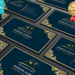 Modello di biglietto da visita personalizzabile blu reale e oro con logo gratuito, modelli di biglietti da visita Canva modificabili personalizzati di lusso, chiamate modificabili