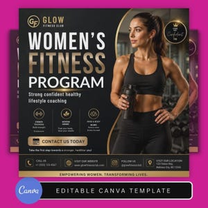 May include: A digital marketing flyer for a fitness program featuring the text Glow Fitness Club, Women's Fitness Program, and Strong Confident Healthy Lifestyle Coaching. It includes icons for strength training, nutrition, and mind and body balance.