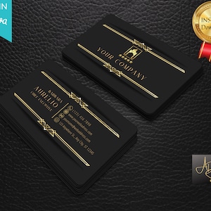 Tarjeta de presentación de lujo editable en negro y dorado, plantilla de tarjeta de presentación, tarjetas de presentación de Canva, tarjetas de presentación minimalistas, tarjeta de presentación elegante