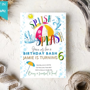 Editable Splish Splash Birthday Invitation, Pool Party, Girl Beach Ball Pool Birthday Party Download Printable Invite Template