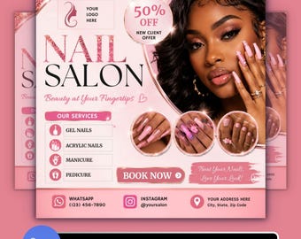 Nail Salon Flyer Template Pink Glitter Editable Digital Download