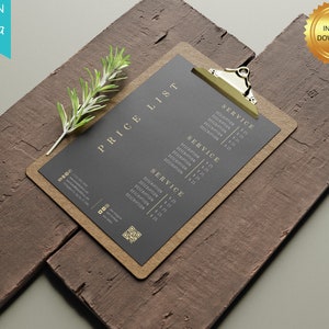 Modelo de lista de preços de luxo editável em 4 tamanhos diferentes, folha de preços para impressão em preto e dourado, lista de preços de spa de beleza, lista de preços de salão