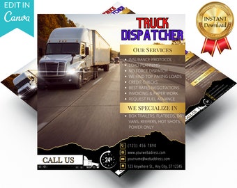 May include: A brown and gold flyer with a white semi-truck driving on a highway. The flyer advertises truck dispatch services with a list of services and a call to action. The text on the flyer reads "Truck Dispatcher", "Our Services", "Insurance Protocol", "Load Planning", "No Force Dispatch", "We Find Top Paying Loads", "Credit Checks", "Best Rates Negotiations", "Invoicing & Paper Work", "Request Fuel Advance", "We Specialize In", "Box Trailers, Flatbeds, Dry Vans, Reefers, Hot Shots, Power Only", "Call Us", "(123) 456 7890", "www.yourwebaddress.com", "yourname@webaddress.com", "123 Anywhere St., Any City, ST 12345".