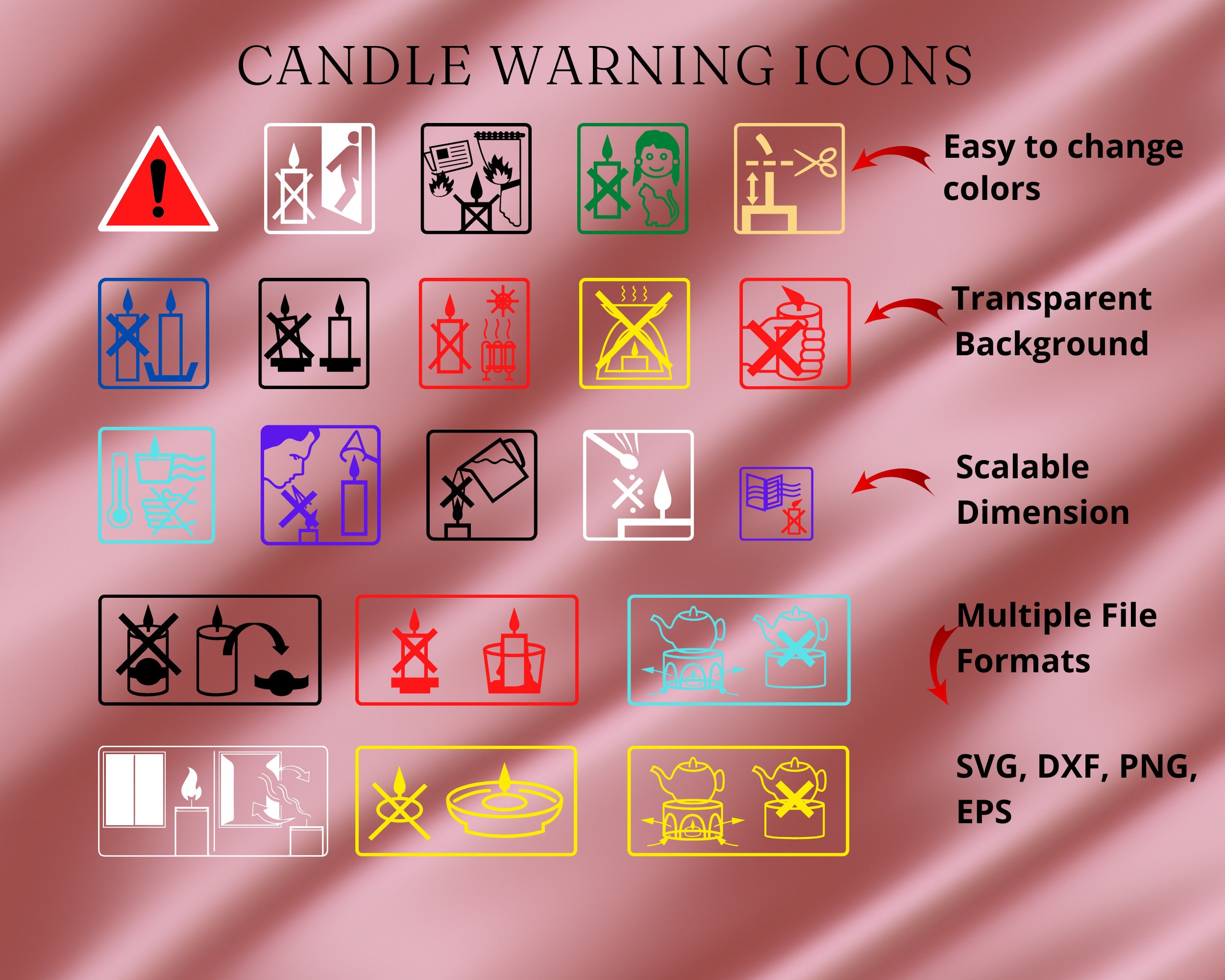 Candle Safety Use Icons, Candle Pictograms, Candle Warning Symbols