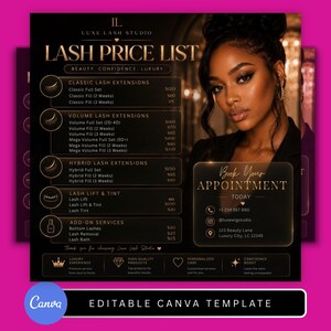 Könnte beinhalten: Eine Wimpernpreisliste von Luxe Lash Studio, mit dunklem Hintergrund und goldenem Text. Die Liste umfasst klassische, Volumen- und Hybrid-Wimpernverlängerungen, Wimpernlifting & -tönung sowie Zusatzleistungen. Das Bild enthält auch ein Frauenporträt und Kontaktinformationen.