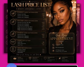 Lash Service Price List Template for Beauty Salons Editable Digital Download