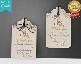 Etichetta di ringraziamento per il compleanno di Winnie the Pooh, stampabile e modificabile, formato digitale, per bambini.