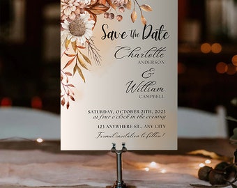 Perzik bloemen Save The Date-kaart | Vintage huwelijksuitnodigingen | Aanpasbare sjabloon (DIGITAL DOWNLOAD)