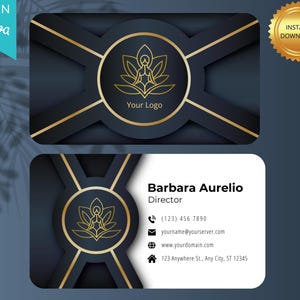 Bewerkbaar luxe yoga- en meditatievisitekaartje - canvasjabloon, spiritueel minimalistisch ontwerp, goudfolie, elegante aanpasbare VIP-kaart