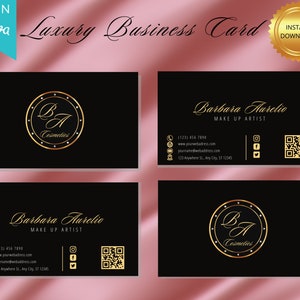 Plantilla de tarjeta de presentación personalizable en negro y dorado con código QR, logotipo gratuito personalizado, identificación de Canva editable moderna de lujo, plantillas de tarjetas de presentación DIY
