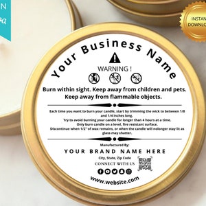 Candle Warning Label Template, Digital Download, Editable Label Template Design, 1.5&quot; 2&quot; 2.5&quot; Round Candle Safety Label, Candle Instructions