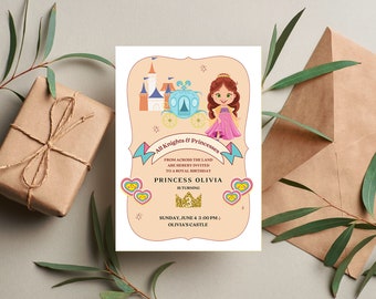 May include: A princess-themed birthday invitation with a cartoon princess, castle, and carriage illustration. The invitation is peach-colored with text that reads "All Knights & Princesses" and "Princess Olivia is turning". A wrapped gift and envelope are in the background.