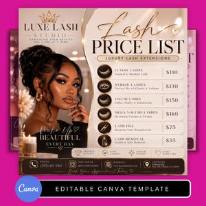 May include: A digital price list template for Luxe Lash Studio featuring a portrait of a person with dark hair and gold hoop earrings. The text includes service names like Classic, Hybrid, Volume, and Mega Volume lashes with prices in dollars.